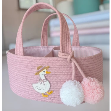 Golittleup Anne Bebek Bakım Çantası ve Organizeri Pembe Kaz - Ördek  Figürlü, Jüt - Pamuk Ip Pembe