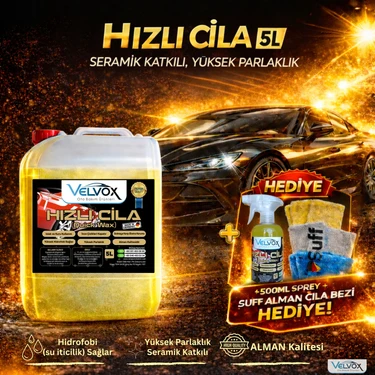 Velvox Seramik Katkılı Hızlı Cila 5 L + 500 ml ve Alman Suff Kalın Cila Bezi (40×40) Hediye | Oto