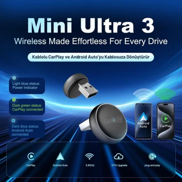 Noyo Mini Ultra 3 Kablosuz Carplay ve Android Auto Adaptörü – iPhone ve Android 11+ Destekli, Usb-A