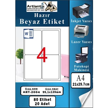 Artlantis A4 4 Lü Hazır Etiket 99.1X139 mm 20 Sayfa 1 Paket Kendinden Yapışkanlı Fotokopi Lazer