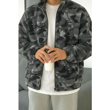 Genius Store Oversize Peluş Tam Fermuarlı Sweatshirt Peluş Içi Polarlı Sherpa Kumaş