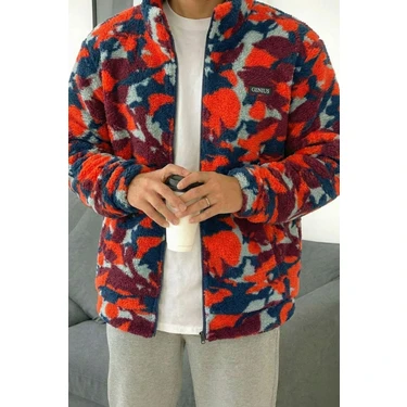 Genius Store Oversize Peluş Tam Fermuarlı Sweatshirt Peluş Içi Polarlı Sherpa Kumaş
