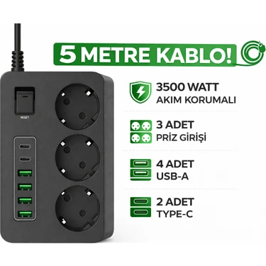 Smayling 3 Priz 6 USB Girişli Anahtarlı Uzatma Kablosu | 3500 W Akım Korumalı Çoklu Grup Priz |
