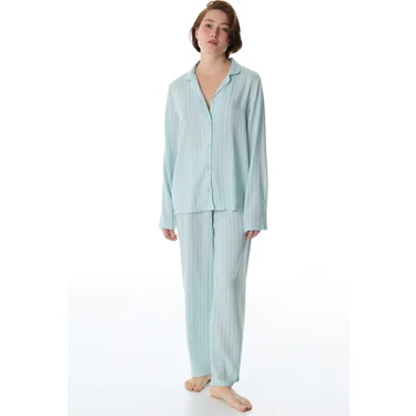 Penti Kadın Mint Yeşili Josie Çizgili Düğmeli Gömlek Pantolon Pijama Takımı Hafif