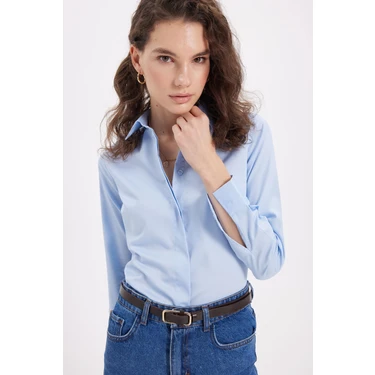 Tudors Kadın Slim Fit Non-Iron  Ütü Gerektirmez Mavi Pamuklu Gömlek Klasik Stil Düz