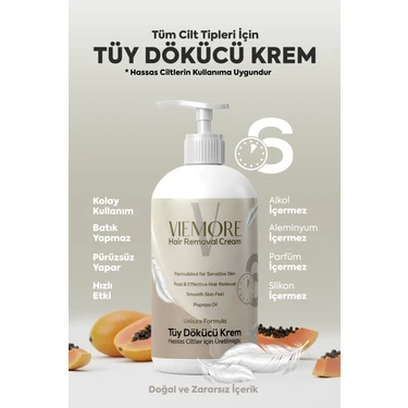 Viemore Tüy Dökücü Krem Papaya Yağı Özlü – Tüy Görümünü Azaltıcı & Yoğun Nemlendirici, 200 ml -