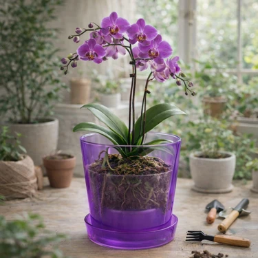 Şeffaf Mor Burgu Desenli Orkide Saksısı 1,3 Litre | Drenajlı, Modern Tasarım