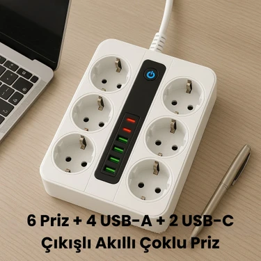 Smayling 6 Prizli Akıllı Uzatma Kablosu – 4 Usb-A + 2 Type-C Hızlı Şarj Çıkışlı Akım Korumalı , 2