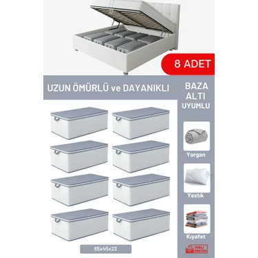 Evsella 8'li Set - Geometrik Çizgili Beyaz Büyük Boy Baza Altı & Çekyat Altı Hurç (60 x 40 x 22