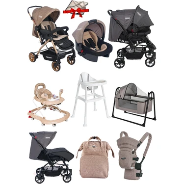 Tommybaby 9 Parça Bebek Çeyiz Seti Bebek Arabası Puset Beşik Yürüteç Mama Sandalyesi Kanguru Bebek