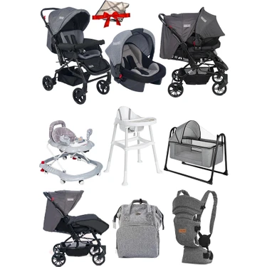 Tommybaby 9 Parça Bebek Çeyiz Seti Bebek Arabası Puset Beşik Yürüteç Mama Sandalyesi Kanguru Bebek