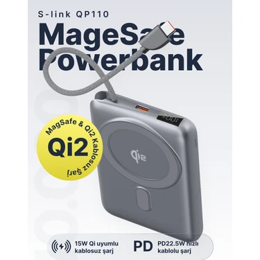 S-Link QP110 10000MAH Magsafe 15W Qı2 PD22.5W Gri LCD Taşınabilir Pil Şarj Cihazı