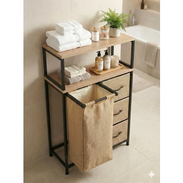 Miyuhome Jüt Kumaşlı 3 Çekmeceli Metal Kızaklı Çamaşır Sepeti 40 Lt Kirli Sepeti 2 Raflı Banyo