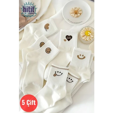 Hitit Socks Kadın 5 Çift Premium Kalite Gülen Surat ve Kalp Desenli Kısa Soket
