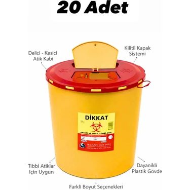 Tıbbi Atık Kovası, Enfekte Kovası Sarı Renk , Hijyenik ve Güvenli Kullanım 1.3 Litre Tüm