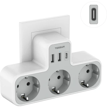 Tessan 6'sı 1 Arada Duvar Priz Çoklayıcı | 3 Adet Ac Priz, 1 Usb-C ve 2 Usb-A Girişli | 3600W Güç