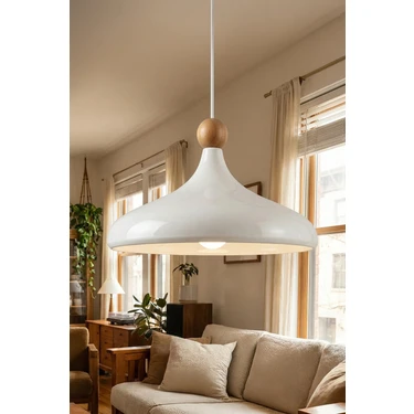 Marrien Nova Bohem Ahşap Boncuklu Krem Metal Sarkıt (35 cm) Yemek Masası Üstü