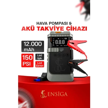 Ensiga Akü Takviye Cihazı 12.000MAH Araç Akü Şarj Takviyeli Işıklı Hava Kompresörü4'ü 1