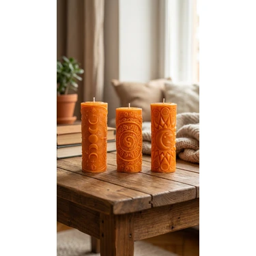 Raw Home Spiritüel Tasarım Kabartmalı 3’lü Ritüel Mum Seti – %100 Soya Wax El Yapımı Silindir
