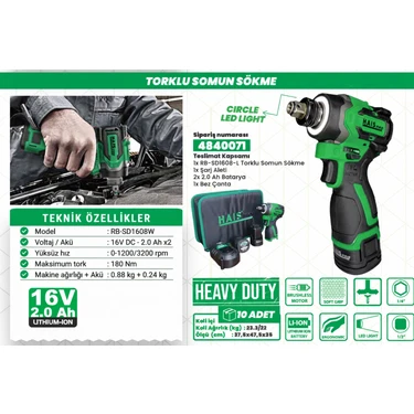 Haıspro 180 Nm Tork Akülü Somun Sıkma - Profesyonel Akülü Vidalama - 2x2 Ah Çift Akü -