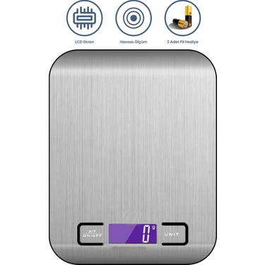Virnex Plt Power Dijital Hassas Paslanmaz Yüzeyli Mutfak Terazisi Tartısı 5KG/1GR Hassasiyet Pil