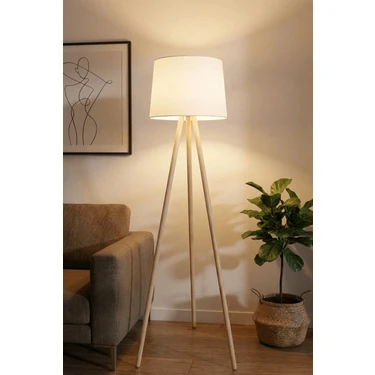 Marrien Woody 3 Ayaklı Tripod Krem Ahşap Lambader  Oturma Odası & Yatak Odası & Salon