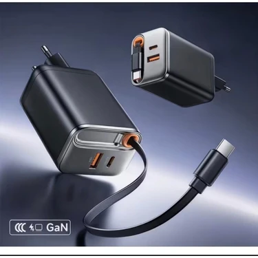 Azurtech 65W Frf Hızlı Şarj Adaptörü Pd 3A Type-C Dahili Kablolu 1xtype-C 1xusb Girişli Hızlı Şarj