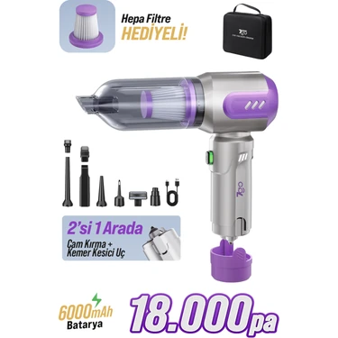 7GO AHV-14 2'si 1 Arada Kablosuz Araç İçi Süpürge Mor | 18000PA Güçlü Vakum + Üfleme | Cam Kırıcı &