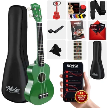 Midex UKX-233GR Yeşil Concert Ukulele (Askı Çanta Metod
