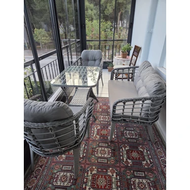 Tu Tienda Kartepe Galvaniz Boru 2 1 1 Sehpa(60*90) Rattan Bahçe Balkon Takımı,Gri Rattan / Gri