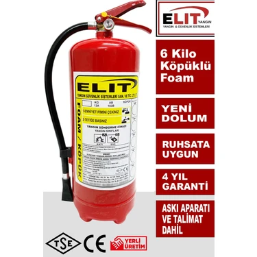 Elit 6 kg Köpüklü Yangın Söndürme Tüpü Ruhsata Uygun Yanında Askı Aparatı ve Kullanım