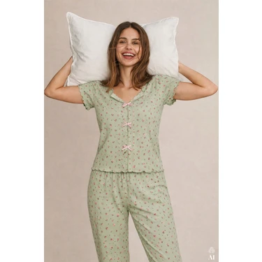 Kadınlar İçin Koza İç Giyim Kısa Kollu Fiyonklu Fitilli Pijama Takımı Yeşil Renkli Şık