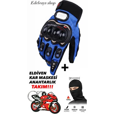 Edelvays Shop Korumalı EN13594 Sertifikalı Motosiklet Eldiveni Mavi Uzun