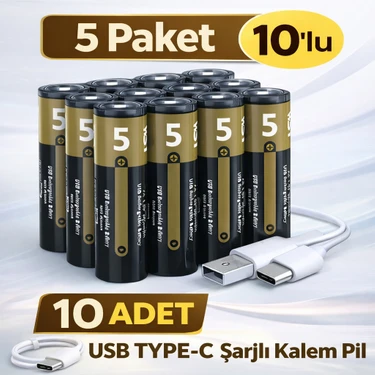 UltraTekno USB Type-C Şarjlı Aa Kalem Pil 1.5V – 5 Paket 10’lu (10 Adet) Lityum