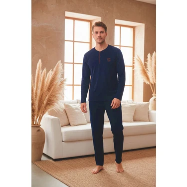 Kompedan Erkek Uzun Kollu 4 Mevsim Penye Süprem Önü Patlı Pijama Takımı | Lacivert