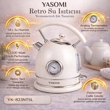 Yasomi YK-823NTSL 2200W 360° Döner Taban Kablosuz Kullanım Retro Su Isıtıcı