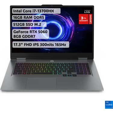 Lenovo LOQ Intel Core i7 13700HX 16GB 512GB SSD RTX5060 Freedos 17.3" Taşınabilir Bilgisayar
