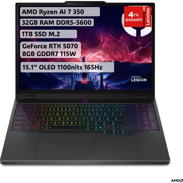 Lenovo Legion 5 AMD Ryzen AI 7 350 32GB 1TB SSD RTX5070 Freedos 15.1" OLED 165Hz Taşınabilir