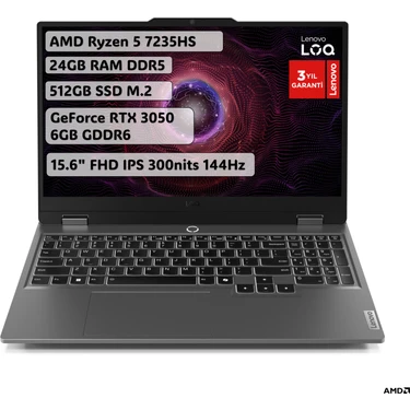 Lenovo LOQ AMD Ryzen 5 7235HS 24GB 512GB SSD RTX3050 Freedos 15.6" FHD 144Hz Oyuncu Taşınabilir
