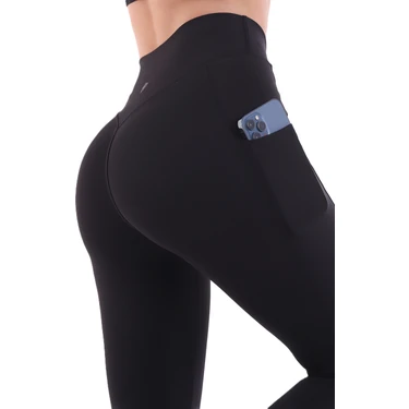 Emfure Siyah Kadın Spor Tayt Çift Cepli Sıkılaştırıcı Toparlayıcı Yüksek Bel Sporcu Taytı Leggings