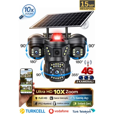 Sonreir RX66G 3 Kameralı 4G Sim Kartlı Solar Güvenlik Kamerası Dış Mekan Gece Görüşlü Güneş Panelli