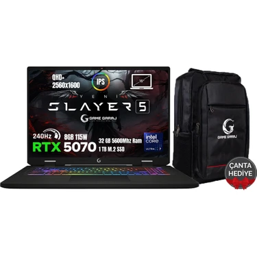 Game Garaj Slayer5 7-5070 C6 Ultra 7-255HX 32GB Ram 1tb SSD RTX5070 8gb 115W 16" 2k Qhd+ 240Hz IPS