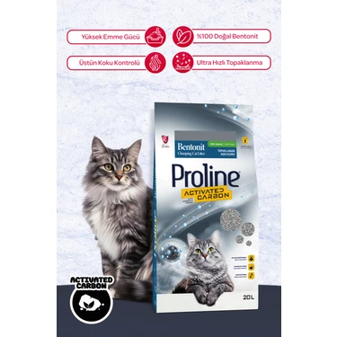 Proline Aktif Karbonlu Topaklanan Kedi Kumu 20 L Kokusuz Yüksek Emme Gücü ile Temiz