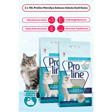 Proline Marsilya Sabunu Kokulu Bentonit Topaklanan Kedi Kumu 10 L x 2
