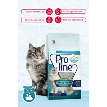 Proline 20 L Bentonit Topaklanan Kedi Kumu Marsilya Sabunu Kokulu Üstün Koku Kontrolü
