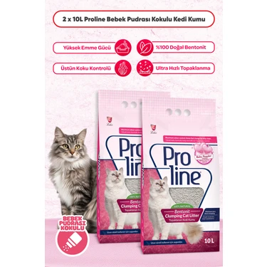 Proline Bebek Pudrası Kokulu Bentonit Topaklanan Kedi Kumu 10 L x 2