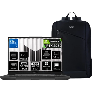 Asus Tuf Gaming F16 FX607VJ-RL016 Intel Core 5 210H 16GB 512GB SSD RTX3050 Windows 11 Pro 16"