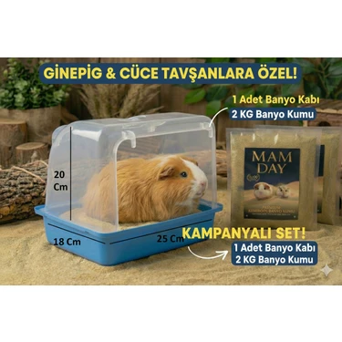 Mam Day Ginepig - Cüce Tavşan Banyo Kumu 2 Kg. ve Büyük Boy Banyo Kabı Kemirgen Kumu