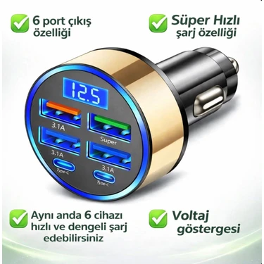 Dijital Ekranlı 6 Çıkışlı Süper Hızlı Araç Içi Şarj Aleti