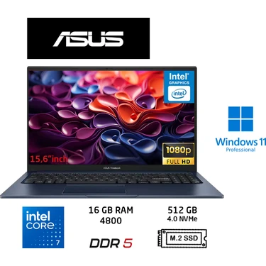 Asus vivobook 15 Core 7 150U 16 GB-512 GB Ssd-15.6'' Windows 11 Pro X1504VA-BQ5456